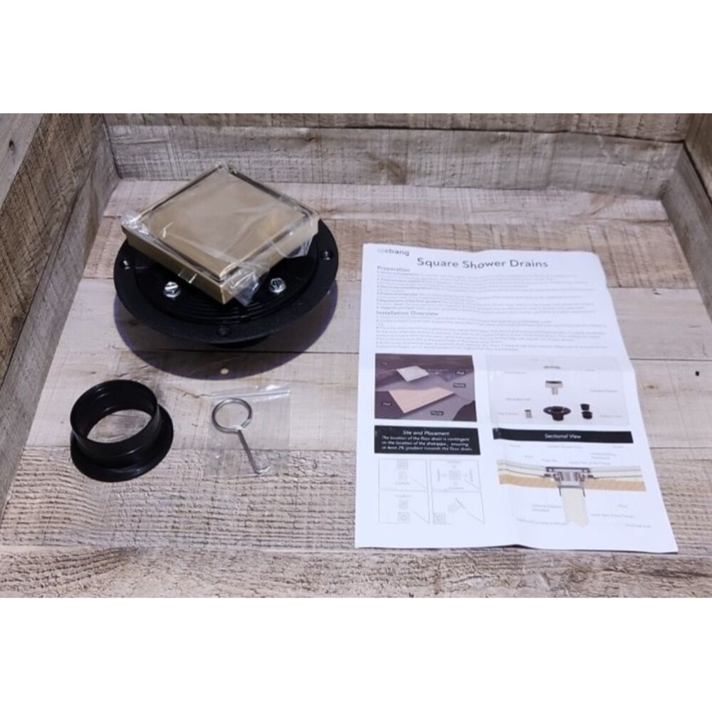 Webang 4 Inch Square Shower Gold Floor Drain with Flange Reversible 2 in 1 Cover